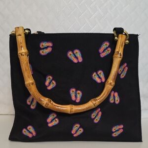 Flip Flop Embroidered Black Beach Tote with Bamboo Handles